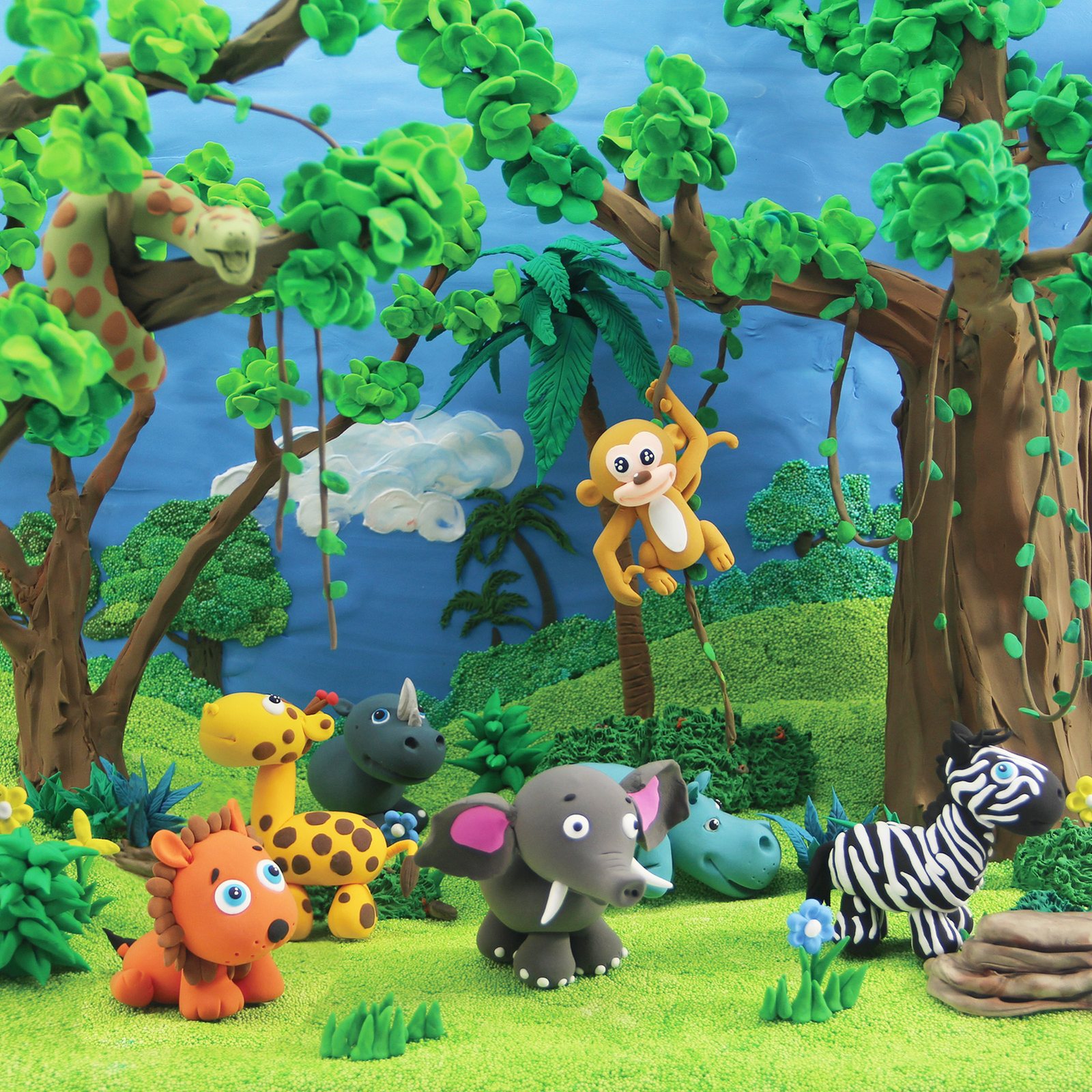 Jungle animals modelled from bright air dry clay