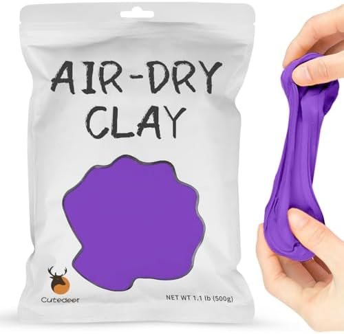 Sealed bag of Cutedeer purple air dry clay beside a small purple modelled flower